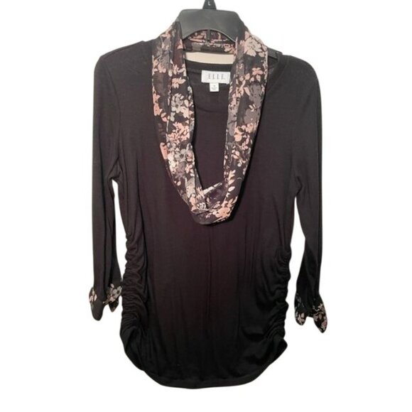 Blouse Medium Black Long Sleeve with Floral Cuffs & Separate Floral Scarf, ELLE - Picture 1 of 10